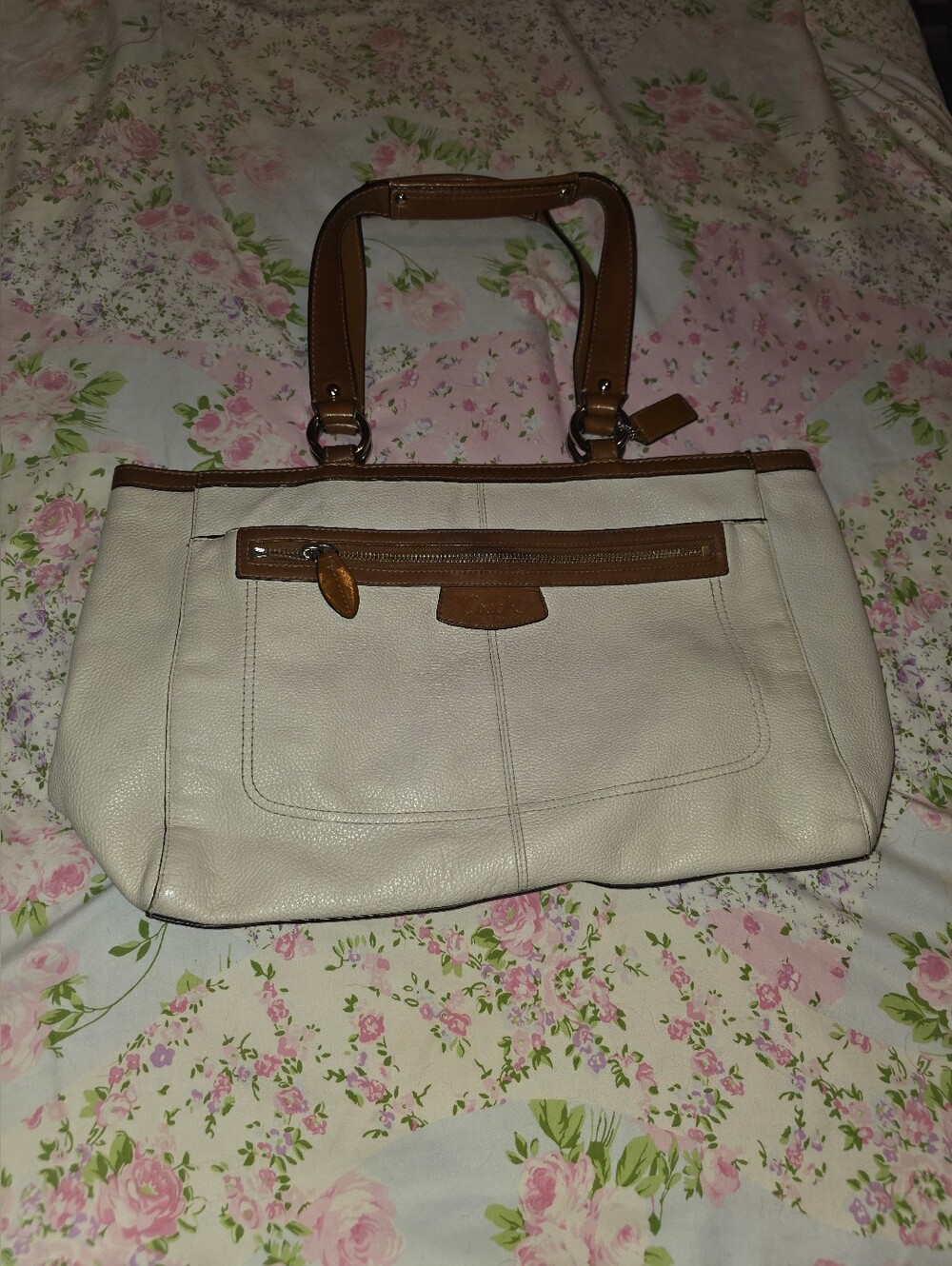 COACH Penelope Pebble Leather Tote Shoulder Bag Cream White Brown F14884